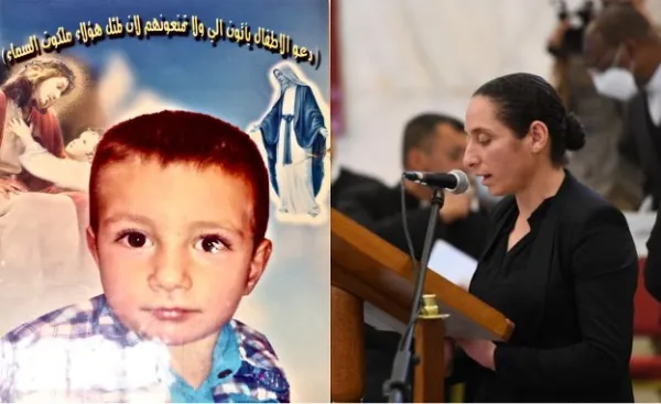 The memorial card featuring David Abdullah, a child killed by ISIS in 2014 in Qaraqosh, and his mother Duha Abdullah speaking to Pope Francis March, 2021. Photo credit: Raghed Ninwaya/ACI MENA