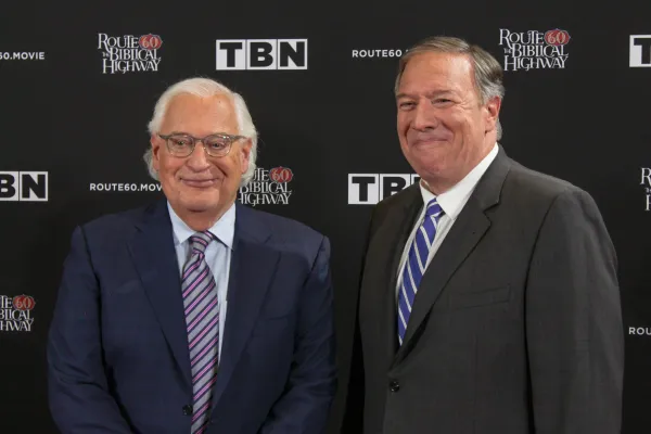 Former U.S. Ambassador to Israel David Friedman, left, and Former Secretary of State Mike Pompeo at the Sept. 12, 2023, premiere of their movie "Route 60: The Biblical Highway" at the Museum of the Bible. Credit: Jonah McKeown/CNA