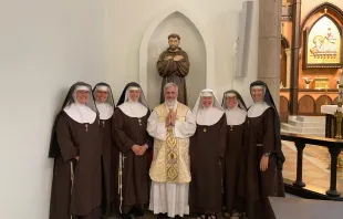 The Poor Clares of Perpetual Adoration from the Our Lady of Solitude Monastery in Tonopah, Arizona, accompanied by their local priest. Mother Marie Andre Campbell