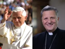 Pope Benedict XVI in 2005 and Cardinal Mario Grech in 2022