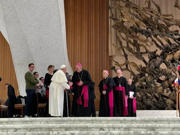 Bishop David O'Connell greets Pope Francis during the Jan. 3, 2024, general audience in Paul VI Hall at the Vatican. Credit: Courtesy of the Diocese of Trenton