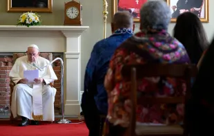 Pope Francis address representatives of Canada's indigenous peoples at the archbishop's residence in Québec City. Vatican Media