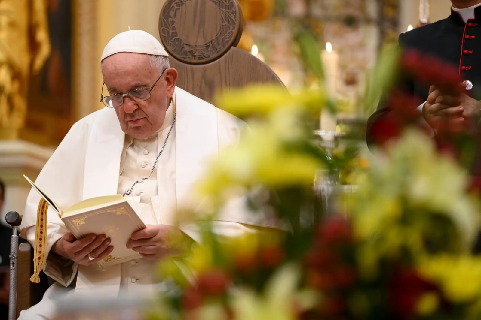 Pope Francis reads during the Vespers service on July 28, 2022, at the Cathedral Basilica of Notre-Dame de Québec in Québec, Canada.?w=200&h=150