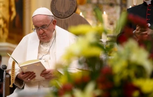 Pope Francis reads during the Vespers service on July 28, 2022, at the Cathedral Basilica of Notre-Dame de Québec in Québec, Canada. Vatican Media