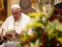 Pope Francis reads during the Vespers service on July 28, 2022, at the Cathedral Basilica of Notre-Dame de Québec in Québec, Canada.