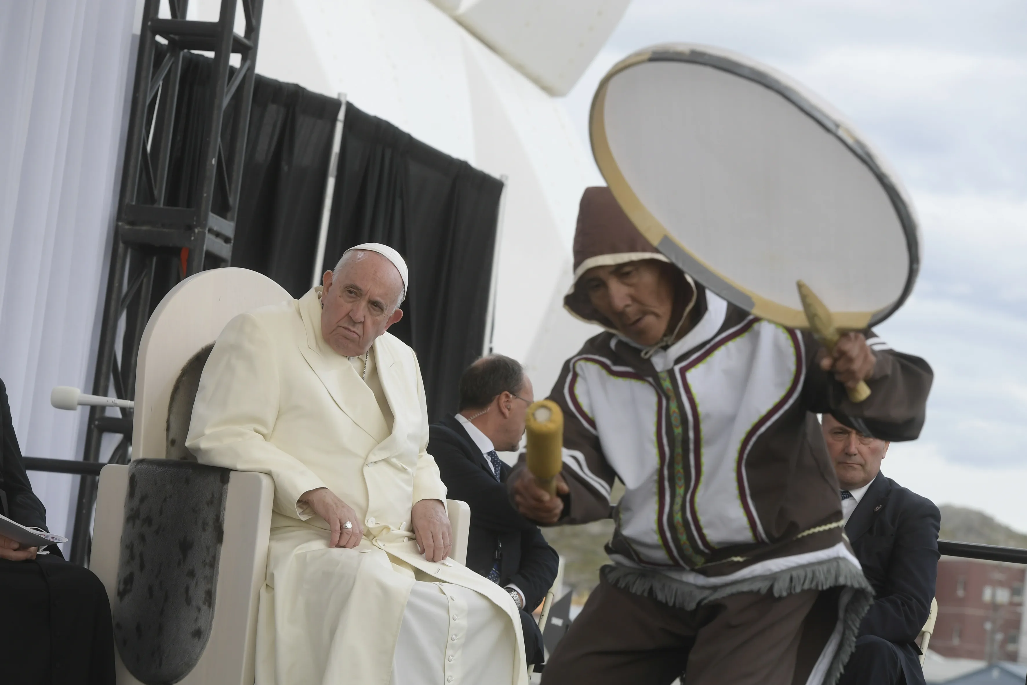 An indigenous dancer performs for Pope Francis on July 29, 2022, in Iqaluit in northernmost Canada.?w=200&h=150