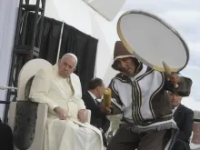 An indigenous dancer performs for Pope Francis on July 29, 2022, in Iqaluit in northernmost Canada.