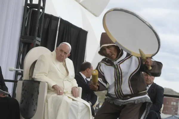 An indigenous dancer performs for Pope Francis on July 29, 2022, in Iqaluit in northernmost Canada. Vatican Media