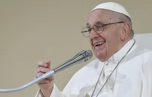 Pope Francis smiles while addressing pilgrims at a vigil gathering on Aug. 5, 2023, at World Youth Day in Lisbon, Portugal. Credit: Vatican Media