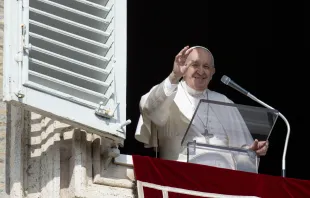 Pope Francis waves to the crowd during the Sunday Angelus. Vatican Media