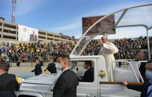 Pope Francis celebrates Mass in the Franso Hariri Stadium in Erbil, Iraq, March 7, 2021. Vatican Media