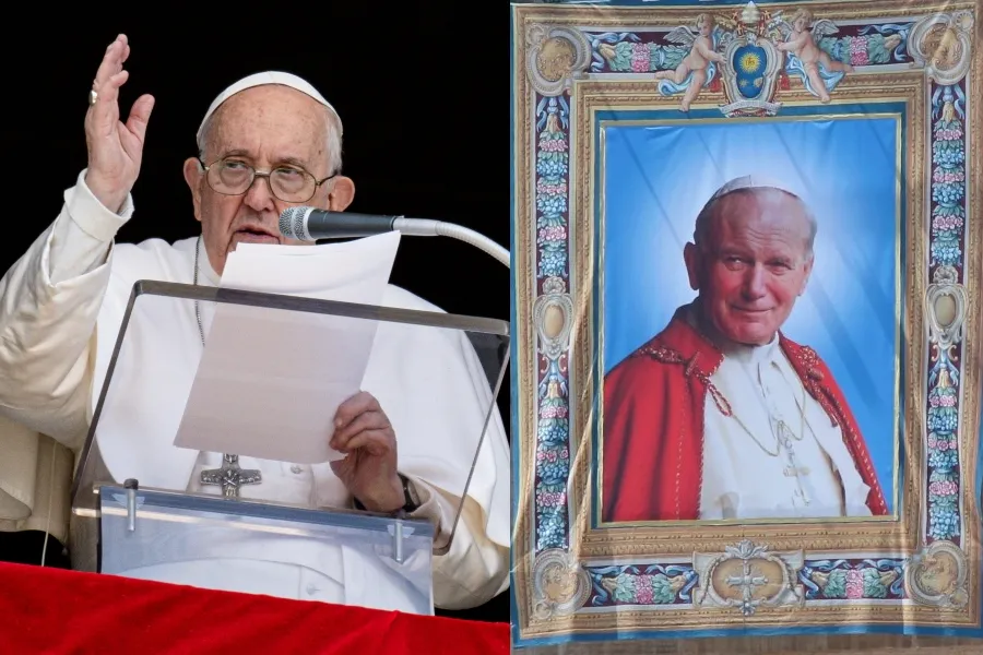 Pope Francis at the Regina Caeli on April 16, 2023 (L) and a tapestry of St. Pope John Paul II from his canonization on April 27, 2014 (R).?w=200&h=150