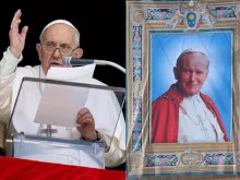 Pope Francis at the Regina Caeli on April 16, 2023 (L) and a tapestry of St. Pope John Paul II from his canonization on April 27, 2014 (R).