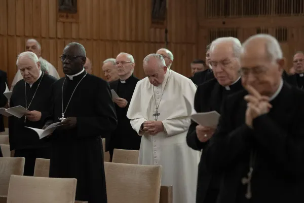 Pope Francis and the Roman Curia on their annual Lenten spiritual exercises in Ariccia, Italy, in 2019. Vatican Media