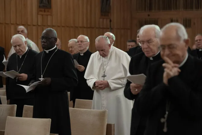 Pope Francis and the Roman Curia on their annual Lenten spiritual exercises in Ariccia, Italy, in 2019.