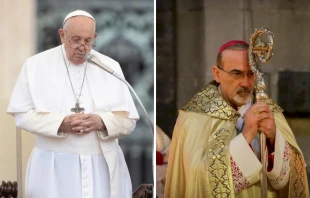 Pope Francis prays during a general audience in St. Peter's Square on Sept. 20, 2023. Cardinal Pierbattista Pizzaballa, patriarch of the Latin Patriarchate of Jerusalem, celebrates Easter Sunday Mass at the Basilica of the Holy Sepulchre in Jerusalem on April 4, 2021. Credit: (L) Daniel Ibanez/CNA. (R) Latin Patriarchate of Jerusalem.