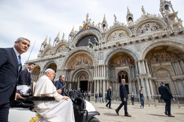 Pope Francis arrives outside St. Mark's Basilica in Venice, Italy, on April 28, 2024. Credit: Daniel Ibañez/CNA