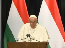 Pope Francis addresses civil authorities and other dignitaries at a former a Carmelite monastery in Budapest, Hungary, on April 28, 2023, on the first day of his three-day pilgrimage to the country.
