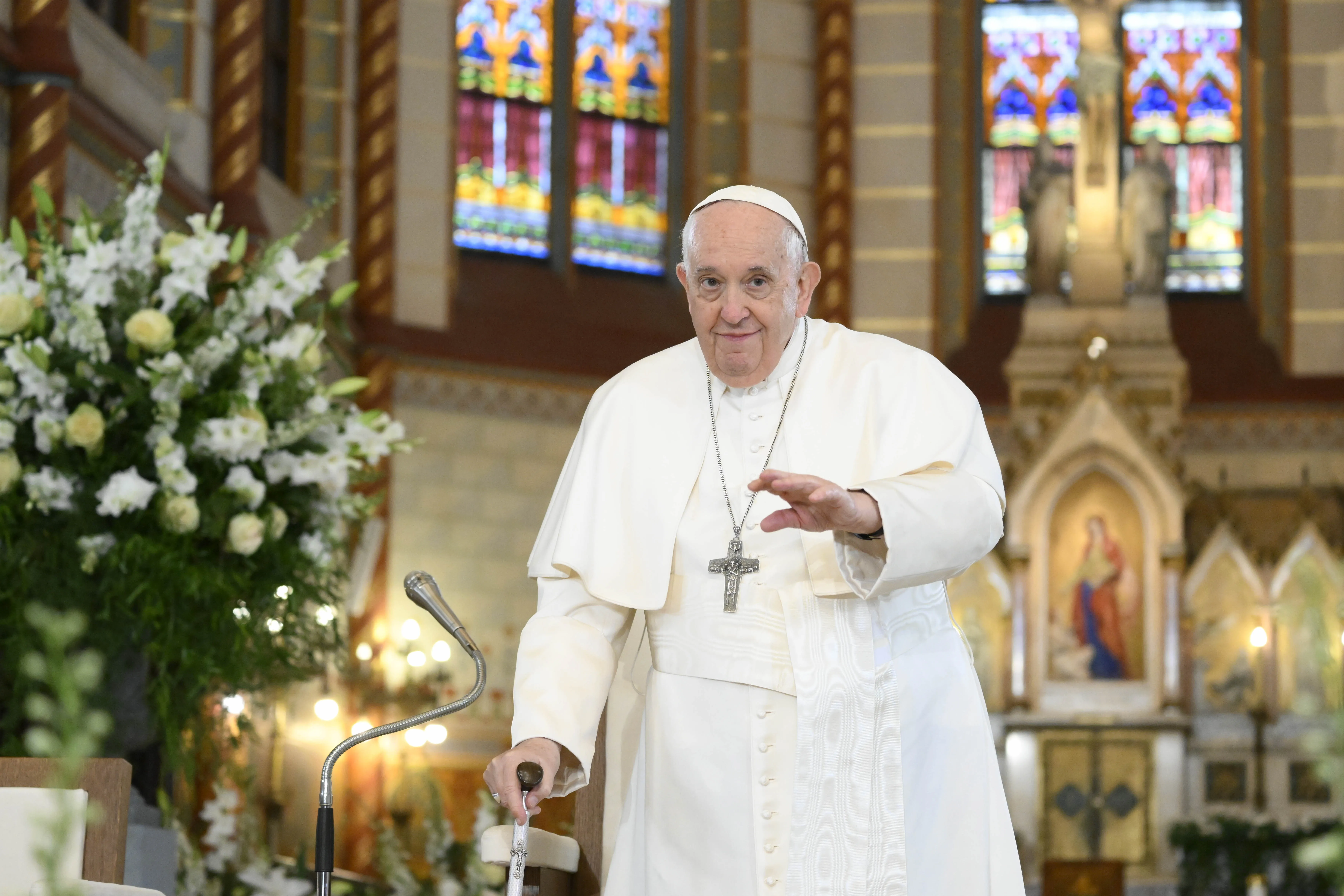 Pope Francis attends a meeting with poor people and refugees at St. Elizabeth of Hungary Church in Budapest, Hungary, on April 29, 2023.?w=200&h=150