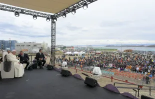 Pope Francis address indigenous young people and elders in Iqaluit, Canada, on July 29, 2022, on the final day of his weeklong trip to Canada. Vatican Media
