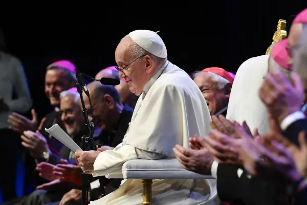 Pope Francis speaks at the closing session of the Mediterranean Encounter in Marseille, France, on Sept. 23, 2023. Credit: Vatican Media
