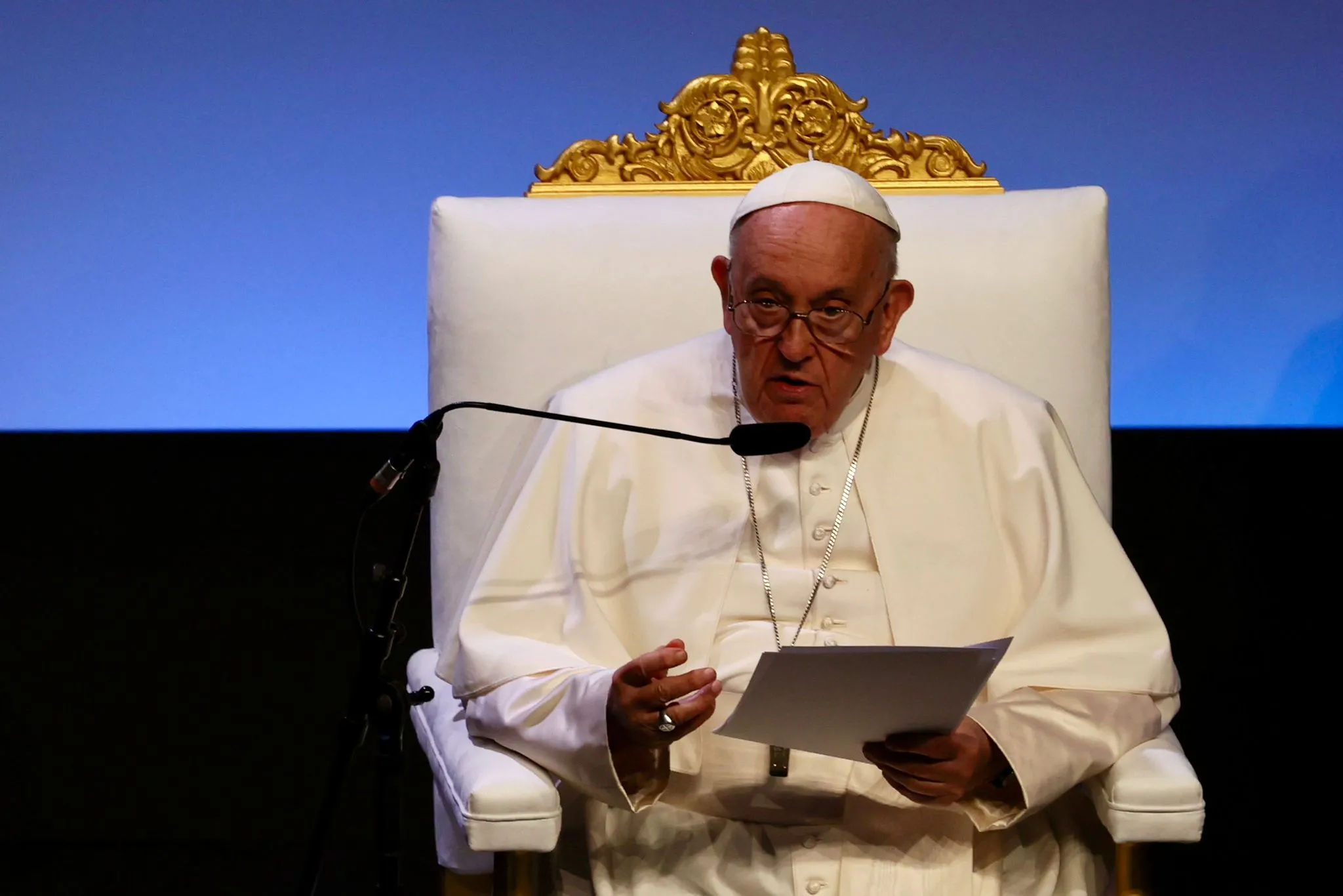 Pope Francis speaks at the closing session of the Mediterranean Encounter in Marseille, France, on Sept. 23, 2023.?w=200&h=150