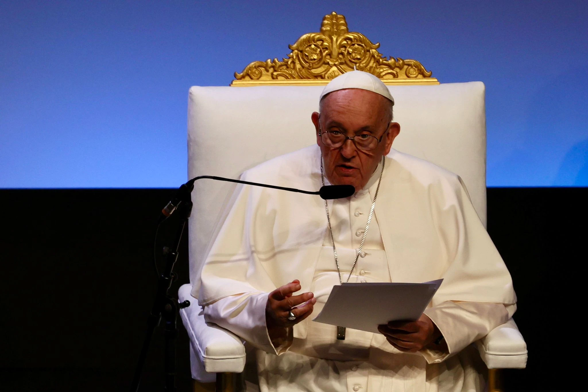 Pope Francis speaks at the closing session of the Mediterranean Encounter in Marseille, France, on Sept. 23, 2023.?w=200&h=150