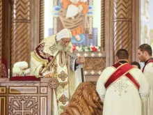 Coptic Orthodox Pope Tawadros II holds the Christmas Eve Mass at the Nativity of Christ Cathedral in Egypt's administrative capital, on Jan. 6, 2023, in Cairo, Egypt.