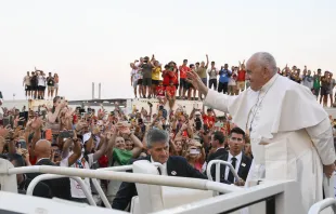 Pope Francis waves to World Youth Day pilgrims in Lisbon, Portugal, at the start of a vigil service on Aug. 5, 2023. Vatican Media