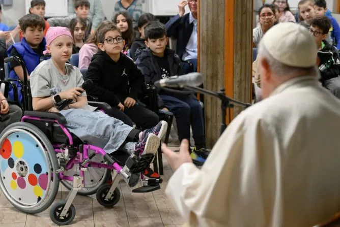 Pope Francis meets with a group of 200 children studying catechism and in a relaxed manner answered some of their questions on April 11, 2024, at St. John Mary Vianney Parish in Borghesiana, Italy.?w=200&h=150