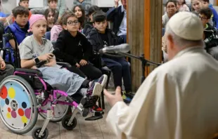 Pope Francis meets with a group of 200 children studying catechism and in a relaxed manner answered some of their questions on April 11, 2024, at St. John Mary Vianney Parish in Borghesiana, Italy. Credit: Vatican Media