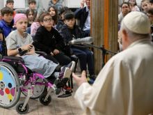 Pope Francis meets with a group of 200 children studying catechism and in a relaxed manner answered some of their questions on April 11, 2024, at St. John Mary Vianney Parish in Borghesiana, Italy.