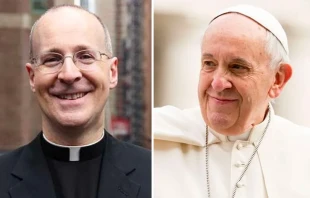 Fr. James Martin, SJ. Credit: Kerry Weber via Wikipedia cc 4.0 | Pope Francis. Credit: Daniel Ibáñez/CNA.