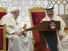 Pope Francis meets with King Hamad bin Isa Al Khalifa at the Sakhir Royal Palace in Bahrain, Nov. 3, 2022.