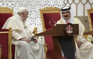 Pope Francis meets with King Hamad bin Isa Al Khalifa at the Sakhir Royal Palace in Bahrain, Nov. 3, 2022. Vatican Media