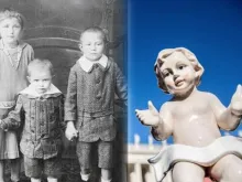A young Benedict XVI and a statue of Baby Jesus.