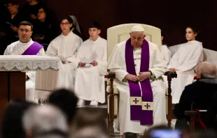 Pope Francis presides over a penitential service at St. Pius V Parish in Rome on March 8, 2024. Credit: Daniel Ibañez/CNA