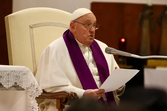 Pope Francis addresses the faithful at a penitential service at St. Pius V Parish in Rome on March 8, 2024