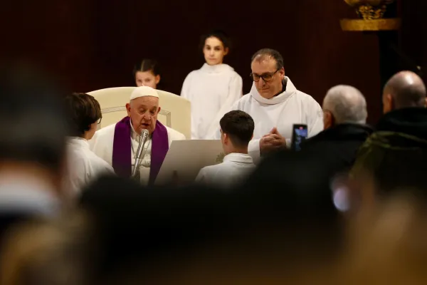 Pope Francis presides over a penitential service at St. Pius V Parish in Rome on March 8, 2024. Credit: Daniel Ibañez/CNA