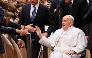 Pope Francis presides greets pilgrims at a penitential service at St. Pius V Parish in Rome on March 8, 2024. Credit: Daniel Ibañez/CNA