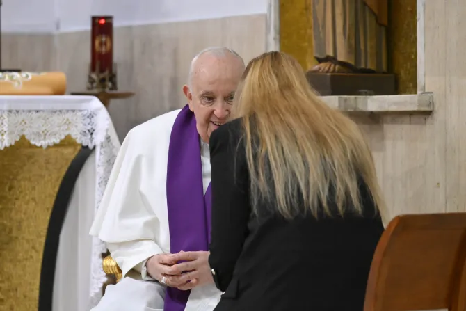 Pope Francis hears confessions after a penitential service at St. Pius V Parish in Rome on March 8, 2024