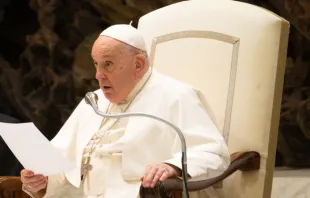 Pope Francis speaks at his Wednesday audience in Paul VI Hall on Nov. 29, 2023. Credit: Elizabeth Alva/EWTN