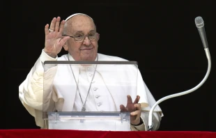 Pope Francis waves to pilgrims gathered in St. Peter’s Square during his Sunday Angelus on March 17, 2024. Credit: Vatican Media