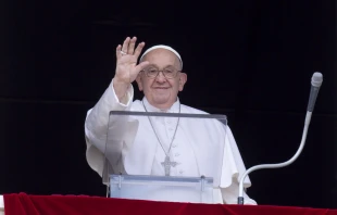 Pope Francis waves to pilgrims gathered in St. Peter’s Square for his Angelus address on Sunday, June 16, 2024. Credit: Vatican Media