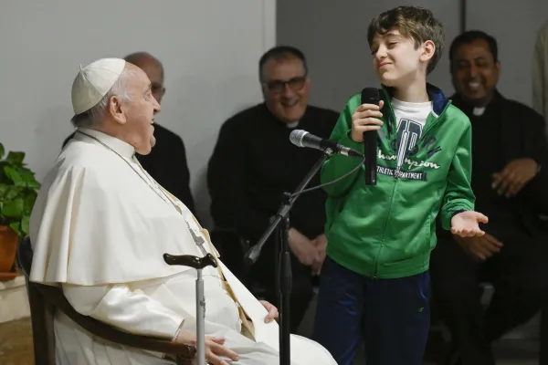 Pope Francis meets with a group of 200 children studying catechism and in a relaxed manner answered some of their questions on April 11, 2024, at St. John Mary Vianney Parish in the Borghesiana area of Rome, Italy. Credit: Vatican Media