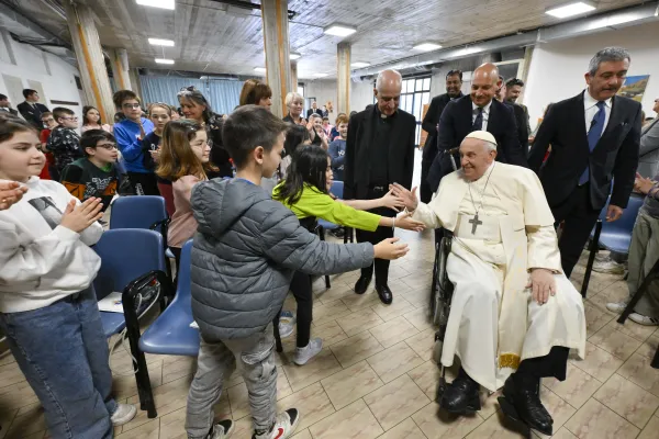 Pope Francis meets with a group of 200 children studying catechism on April 11, 2024, at St. John Mary Vianney Parish in the Borghesiana area of Rome, Italy. Credit: Vatican Media