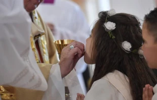 Pope Francis celebrates Holy Mass with First Communions in the Church of the Sacred Heart of Rakovsky, Bulgaria on May 6, 2019. Vatican Media/CNA