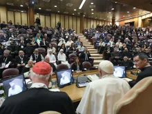Pope Francis meets with members of the French-based academic organization Research and Anthropology of Vocations Institute on March 1, 2024, at the Vatican.