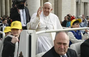 Pope Francis greets pilgrims gathered in St. Peter’s Square for his general audience on Wednesday, April 10, 2024. Credit: Vatican Media