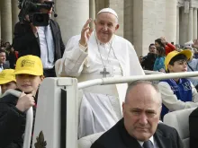 Pope Francis greets pilgrims gathered in St. Peter’s Square for his general audience on Wednesday, April 10, 2024.